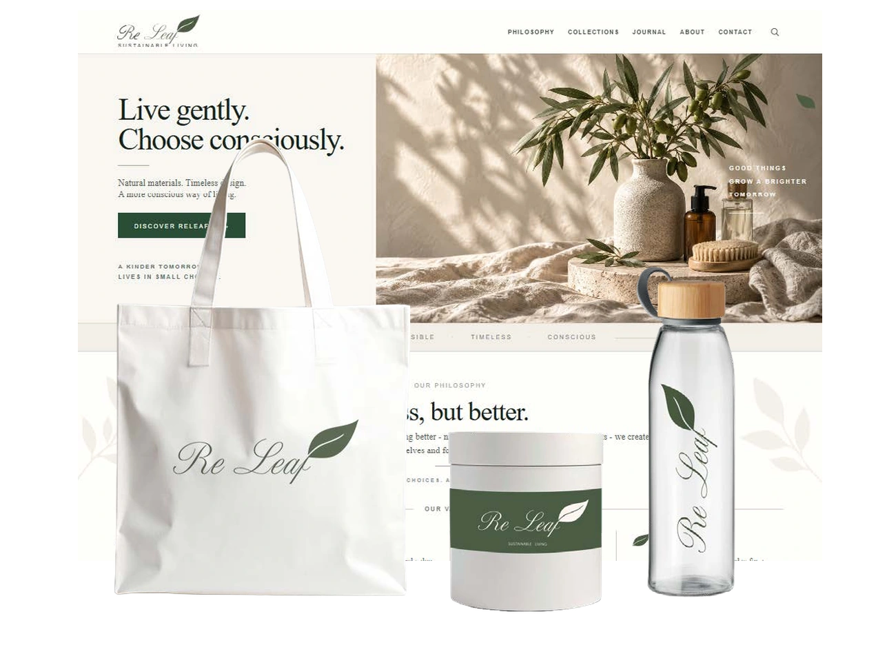 ReLeaf-Website hinter Tragetasche, Dose und Trinkflasche
