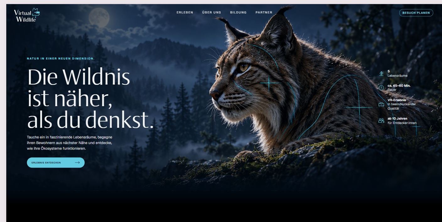 Vorschau der Virtual-Wildlife-Startseite mit einem Luchs vor nächtlichem Bergwald