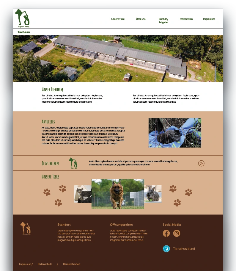 Vollständiges Screendesign der Tierheim-Website
