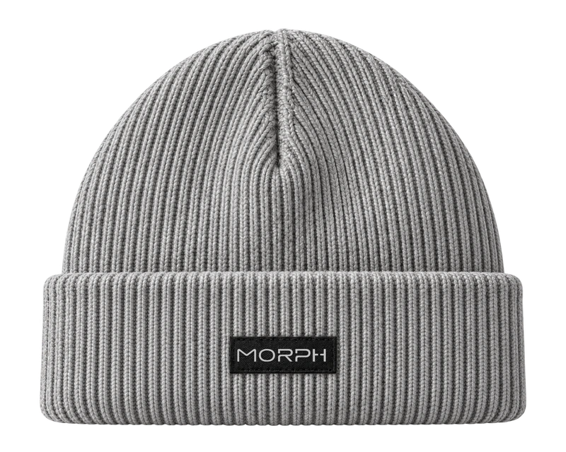 Light gray ribbed Essential Beanie with a folded cuff and black MORPH label