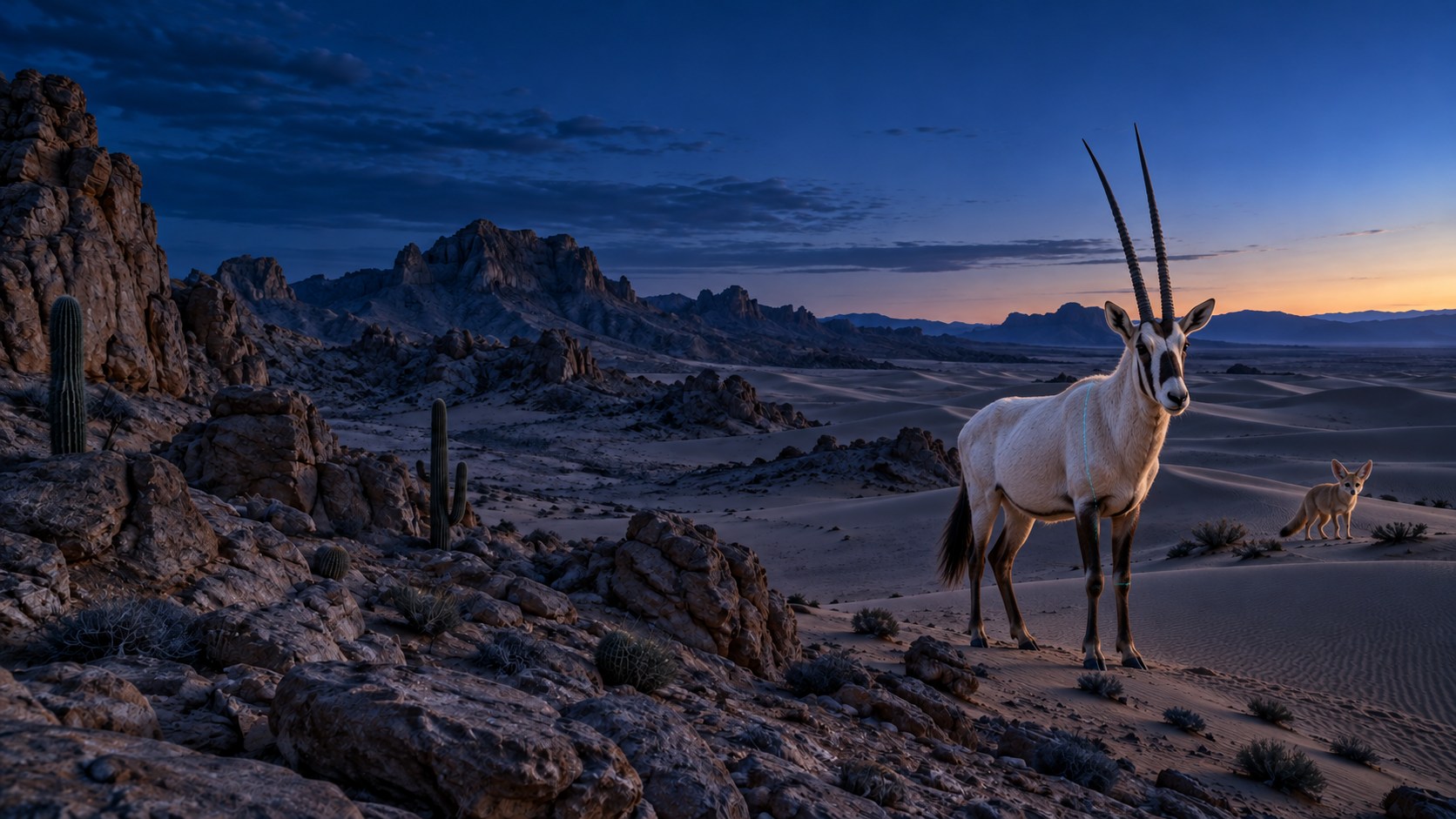 Arabische Oryx und Fennek in einer Fels- und Sandwüste