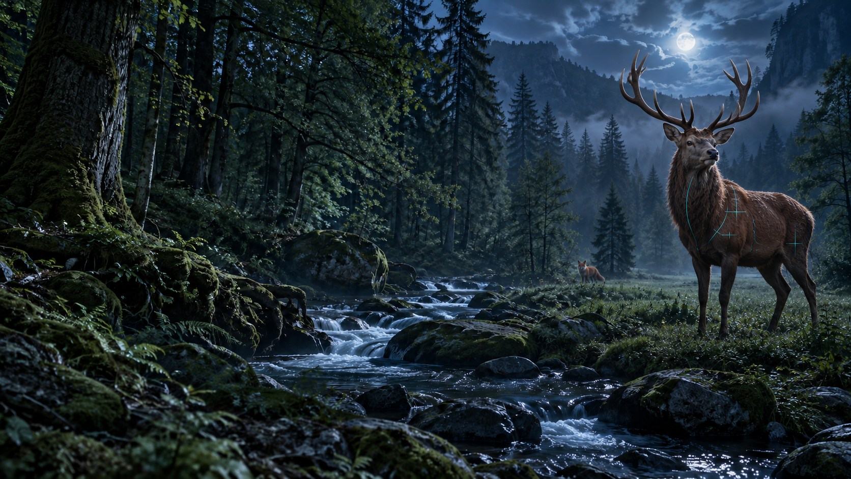 Rothirsch und Fuchs in einem nächtlichen Wald