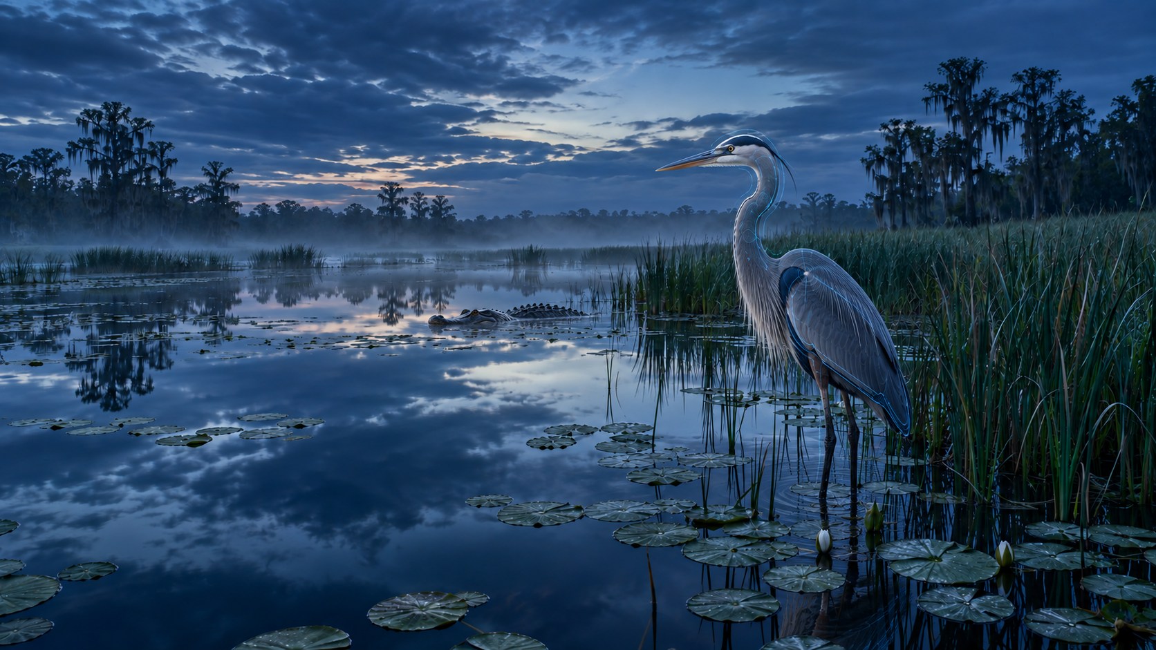 Reiher und Alligator in einem nebligen Feuchtgebiet