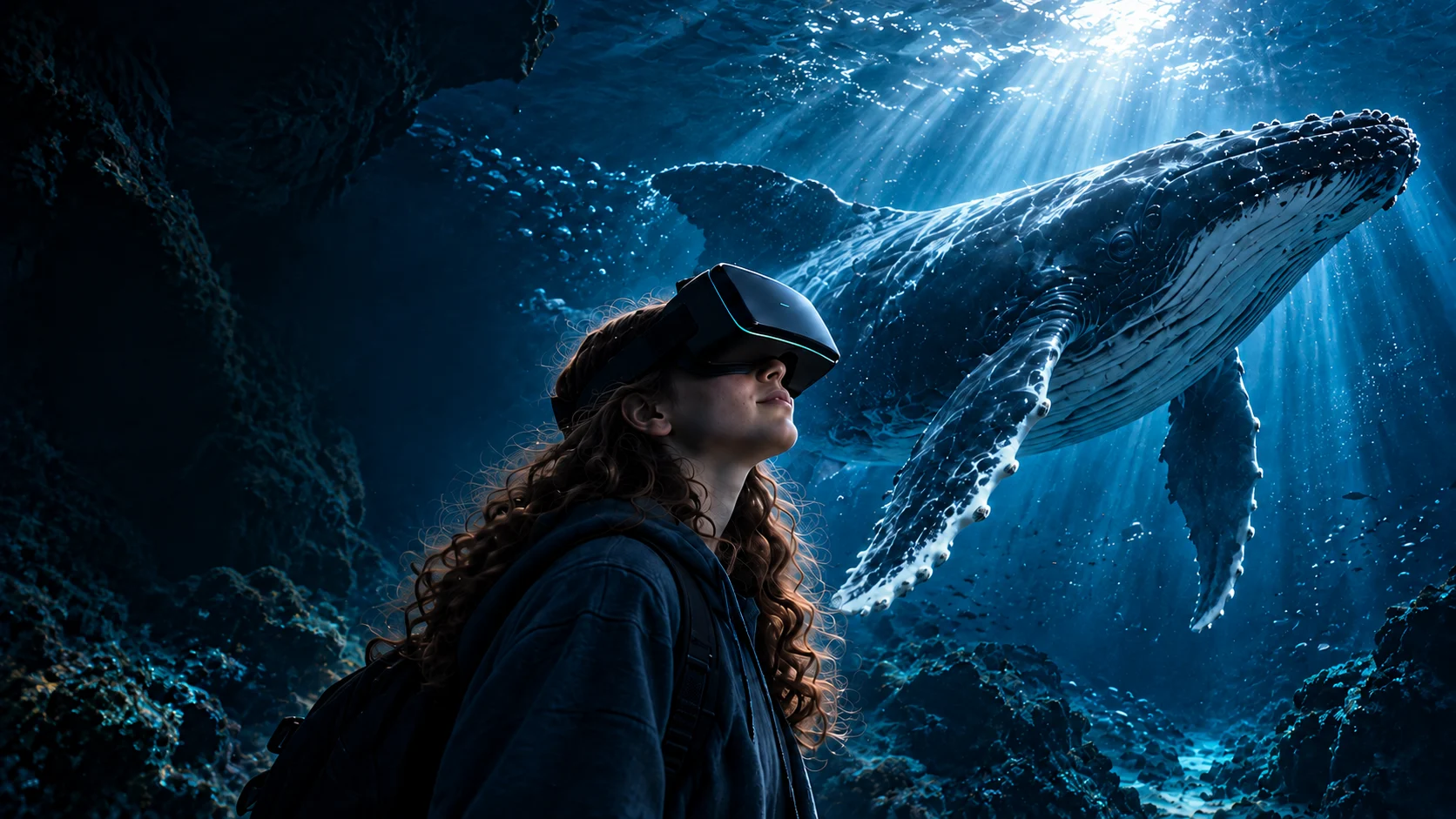 Besucherin mit VR-Brille vor einem Buckelwal in einer lichtdurchfluteten Unterwasserlandschaft