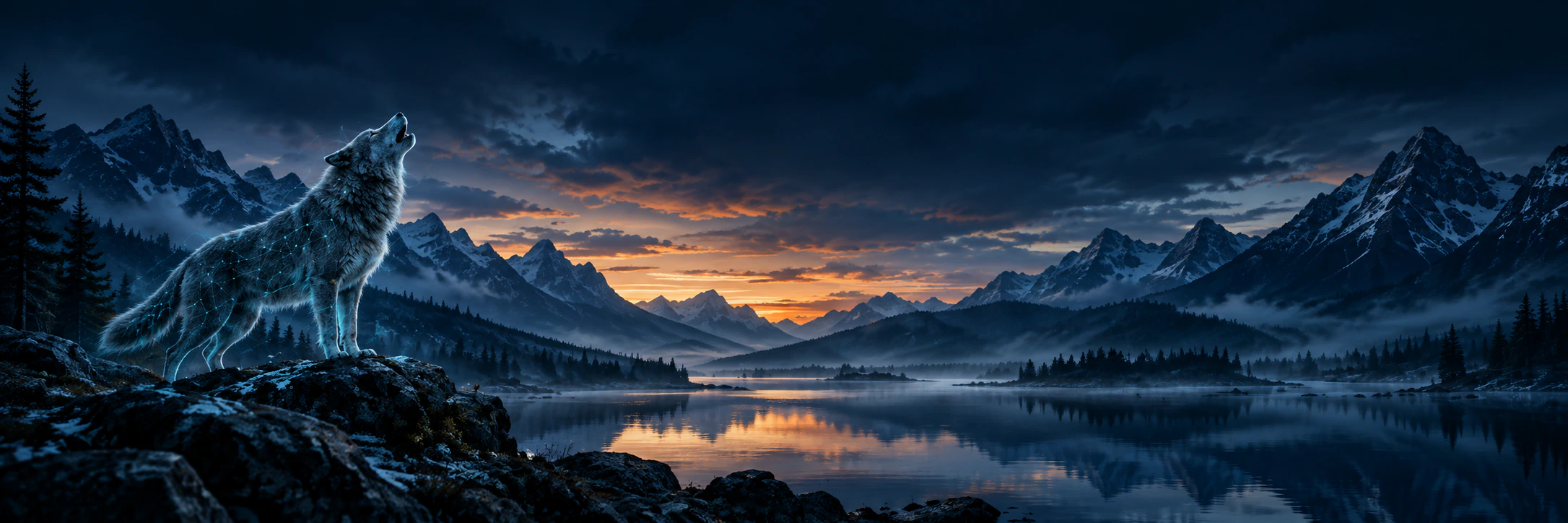 Heulender Wolf vor einem Bergsee in der Abenddämmerung