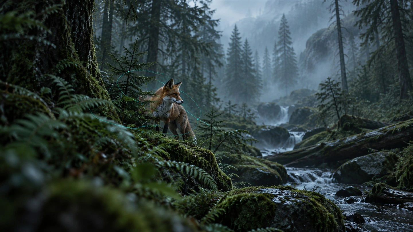 Fuchs zwischen Farnen und moosigen Felsen an einem Waldbach