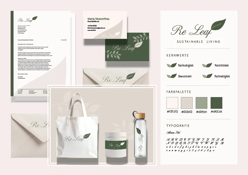 ReLeaf Corporate Design mit Logo, Papeterie, Stofftasche, Trinkflasche und Farbpalette