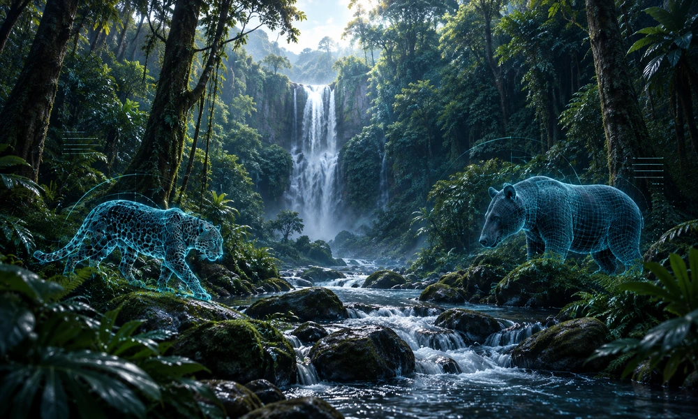Illustration: Tropischer Wald mit Wasserfall, Jaguar und Tapir