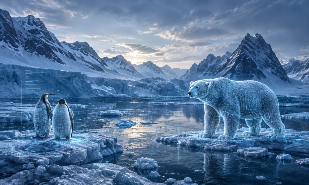 Künstlerische Polarwelt-Montage mit Eisbär, Pinguinen und Eisbergen