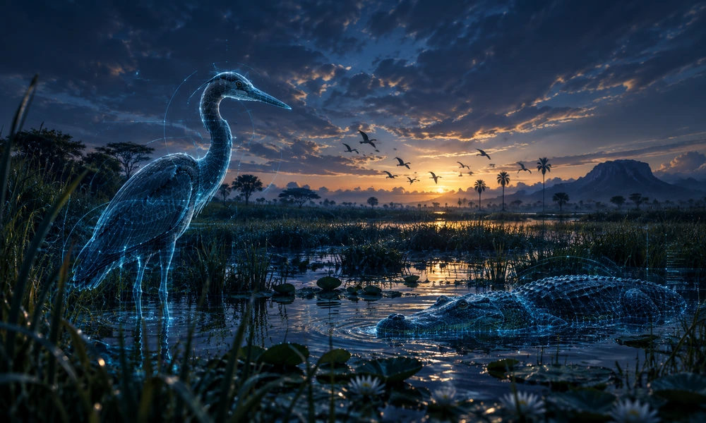 Illustration: Feuchtgebiet in der Dämmerung mit Reiher und Krokodil